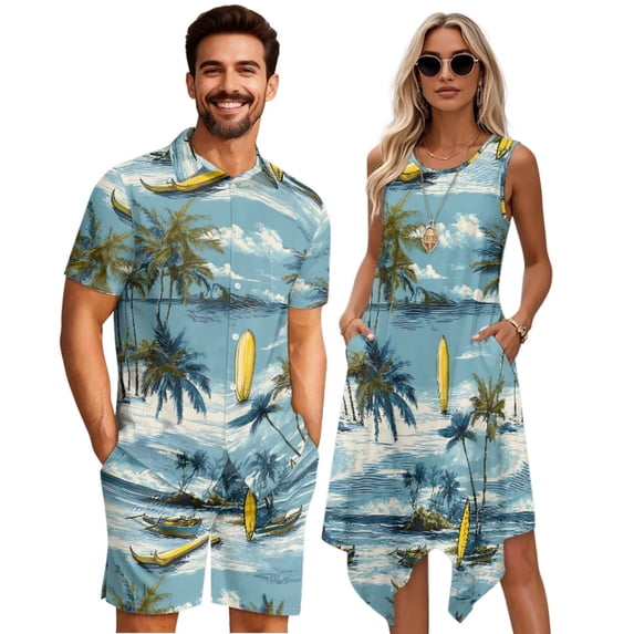Yuyamidu His and Hers Matching Outfits Palm Tree for Women Midi Dress Mens Vacation Outfits Men's Shirt and Short Sets Matching Beach Outfits for Couples Button Down Short Sleeve Shirt Man 2XL