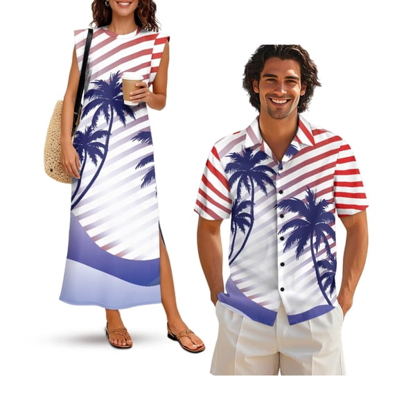 Yuyamidu His and Hers Matching Outfits Patriotic Dress for Women Casual American Flag Shirts for Men Button Down Short Sleeve Shirt Long Maxi Dress Palm Tree Men's M