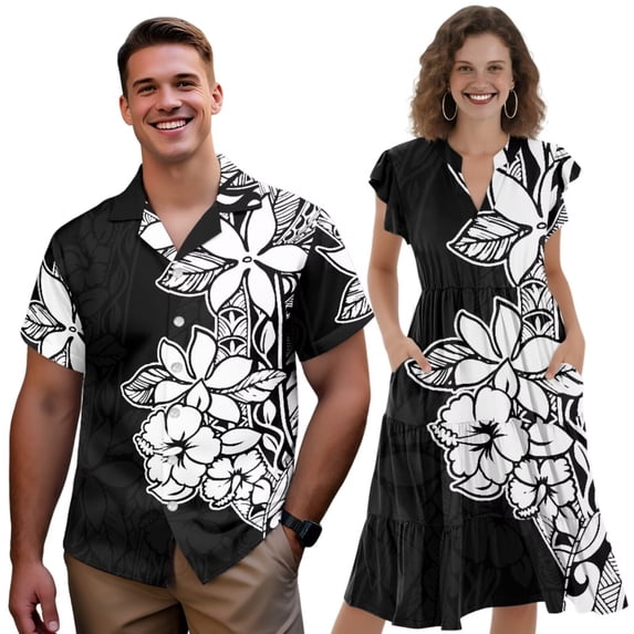 Yuyamidu His and Hers Matching Outfits Polynesian Dress for Women Midi Dresses Hibiscus Shirt for Men Beach Shirts Button Down Short Sleeve Shirt Ruffle Sleeve Tiered Dress with Pocket, Size 2XS