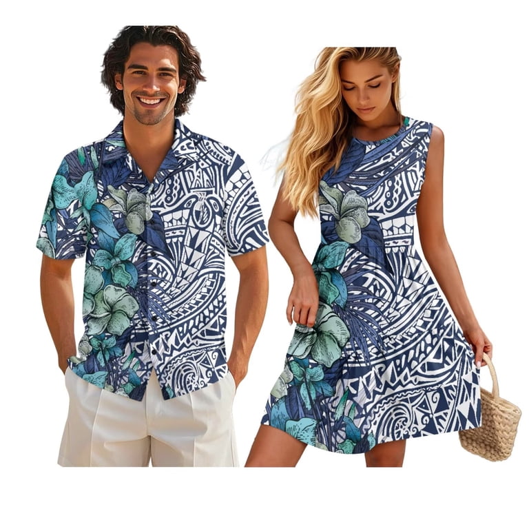 matching sets flowy dresses holiday clothing Yuyamidu His and Hers Outfits Polynesian Dress for Women Summer Dress Hawaiian Shirts for Men Casual for Women Tiered Sun Dresses Matching Outfits for Couples Vacation ,Size XL marked 40%