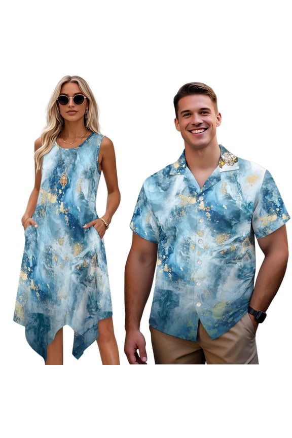 His and Hers Matching Outfits Sleeveless Dress for Women Casual Tank Dresses with Pockets Men's Short Sleeve Button Down Shirt Couples Matching Outfits Blue Marble, Size 2XS