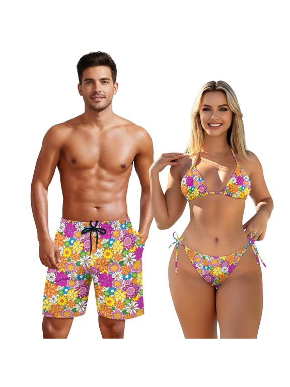 Matching Swim Suits Couples Hippie Swimsuits for Women Floral Bikini Swim Trunks for Men Swim Shorts Quick Dry Shorts No Lining Halter Cheeky Triangle String Bathing Suits Man 3XL