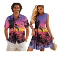 thumbnail image 1 of Yuyamidu Matching Tropical Outfits for Couples Palm Tree Shirt for Men Button Down Shirts Womens Flowy Pleated Tiered Short Dress Beach Luau Vacation Outfits Short Sleeve Aloha Shirts Woman XL, 1 of 6