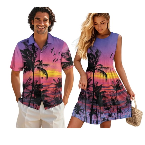Yuyamidu Matching Tropical Outfits for Couples Palm Tree Shirt for Men Button Down Shirts Womens Flowy Pleated Tiered Short Dress Beach Luau Vacation Outfits Short Sleeve Aloha Shirts Woman XL