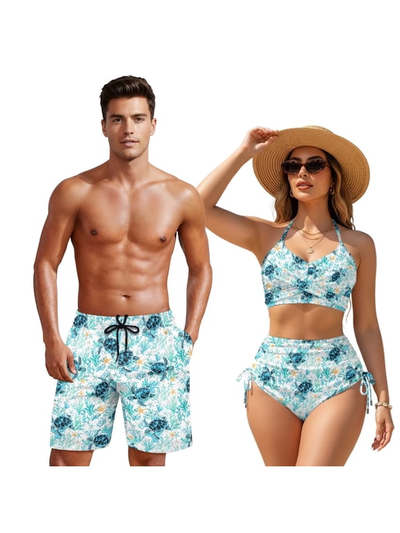 Men and Women Matching Swimsuits Sea Turtle Women Tummy Control Bikini Man Swimming Shorts with Pockets Couples Bathing Suits Matching Set Woman L