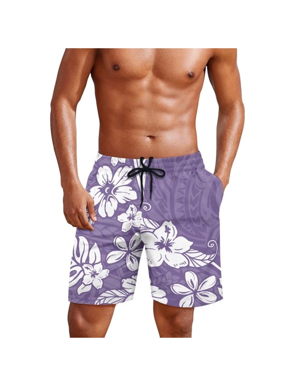 Mens Swim Trunks Purple Hibiscus Quick Dry Breathable Board Shorts Elastic Bathing Suits for Beach Pool Surf Man S