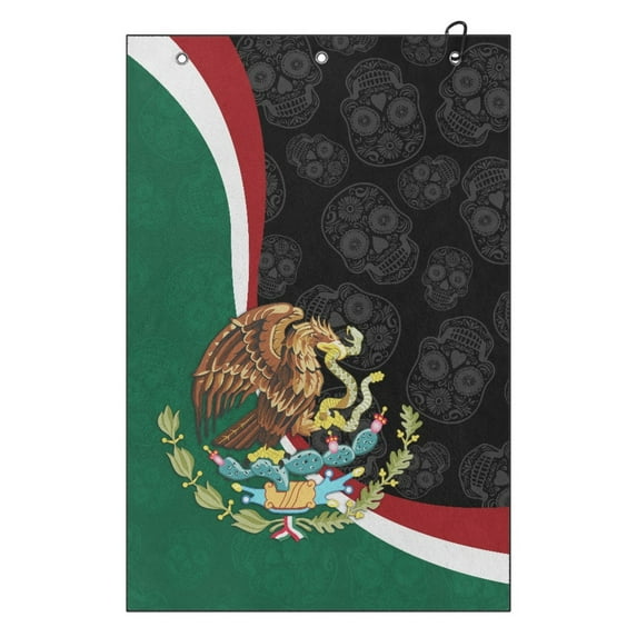 Yuyamidu Mexican Flag Golf Towel for Golf Bags Skull Golf Clubs Cleaning Towel with Hook and Loop Fastener Easy to Carry Absorbing Sweat Machine Washable