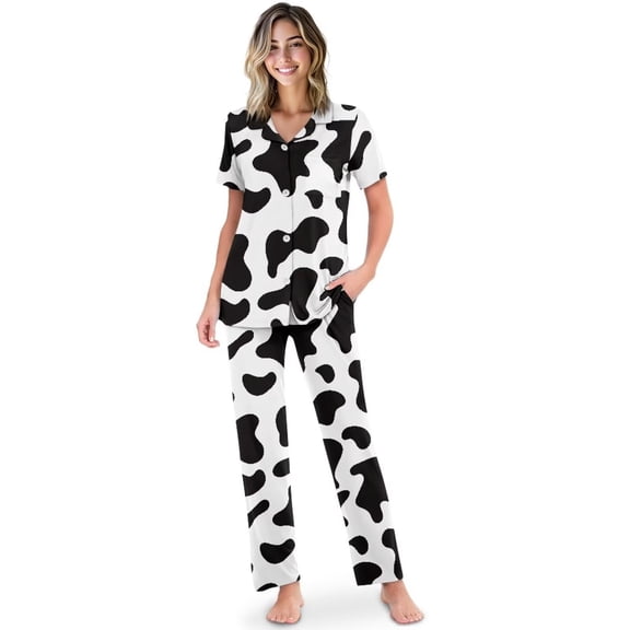 Yuyamidu Milk Cow 2 Piece Women's Short Sleeve Pajama Sets Ladies Pjs Summer Soft Loungewear Button-Up Shirt & Pants PJ Sets (Black White)