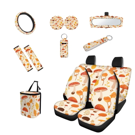 Yuyamidu Mushroom Auto Seat Covers Full Set of 13 with Steering Wheel Cover Seatbelt Shoulder Pad Fall Maple Leaves Trash Bin Rearview Mirror Cover Coasters Keychain Lipstick Holder Car Decor