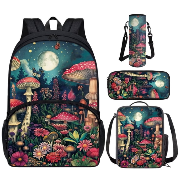 Yuyamidu Mushroom Backpack and Lunch Bag Set of 4 Flower Book Bag for Girls Primary School Bookbag for Kids 8-12 Children Lunch Bag Pencil Case Water Bottle Bag 5th Grade Student Schoolbag