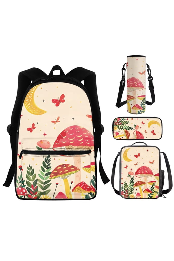 Mushroom Bookbag with Lunch Bag for Girls Butterfly Backpack and Lunch Box Set for Teen Girls 4 Piece Kids Book Bag and Lunchbox, Pencil Case, Water Bottle Sleeve