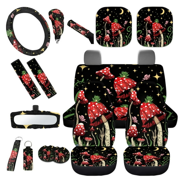 Yuyamidu Mushroom Car Accessories Frog Car Seat Covers Full Set with Steering Wheel Cover Safe Belt Pads Cup Coasters Rear View Mirror Cover Gear Shift Hand Brake Cover Sunshade Keychain, 16 Pcs