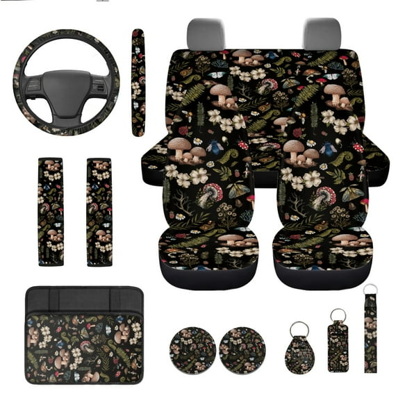 Yuyamidu Mushroom Car Seat Cover Full Set of 13 Flower Steering Wheel Cover Seat Belt Covers Center Console Cover Cup Coasters Keychain Auto Accessories