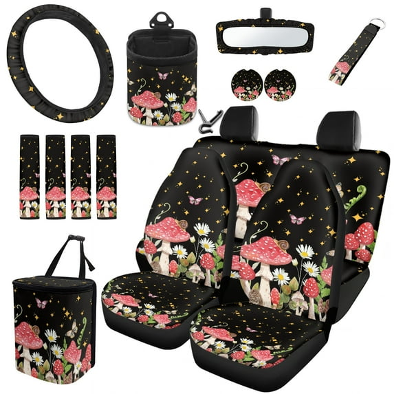 Yuyamidu Mushroom Car Seat Cover Set of 15 Daisy Steering Wheel Cover Seat Belt Covers Trash Bag Air Vent Holder Rear View Mirror Cover Cup Coasters Key Chain Auto Interior Accessories