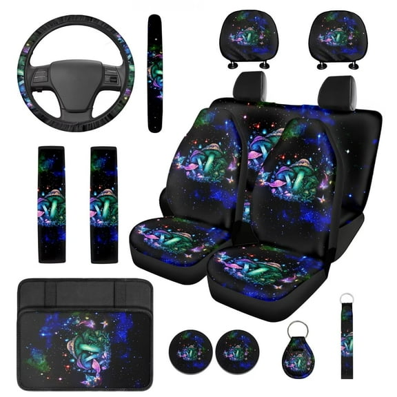 Yuyamidu Mushroom Car Seat Covers and Steering Wheel Cover Seatbelt Pads Butterfly Auto Armrest Cover Headrest Covers Coasters Keychain for SUV Van Sedan, 14 Piece
