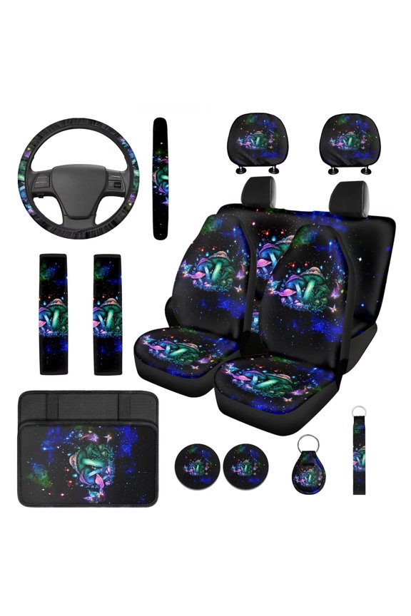 Mushroom Car Seat Covers and Steering Wheel Cover Seatbelt Pads Butterfly Auto Armrest Cover Headrest Covers Coasters Keychain for SUV Van Sedan, 14 Piece