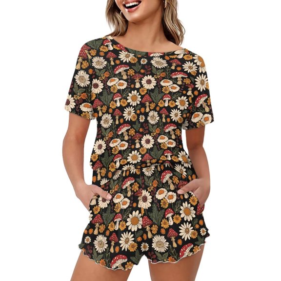 Yuyamidu Mushroom Daisy Womens Sleepwear Short Sleeve Tops & Pants Lounge Set Round Neck Casual Pjs Nightwear Summer Soft Sleepwear with Pockets