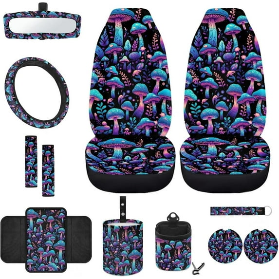 Yuyamidu Mushroom Front Car Seat Covers Full Set with Steering Wheel Cover Seat Belt Pad Armrest Box Mat Trash Bin Rear View Mirror Cover Cup Holders Keychain Air Vent Pouch, 12 Pack