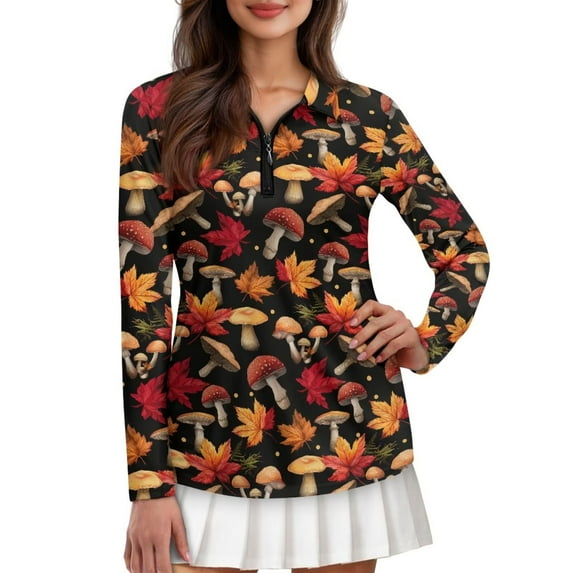 Yuyamidu Mushroom Golf Shirts Women Fall Maple Leaves Golf Top Long Sleeve Tennis T-shirt Thanksgiving 1/4 Zip Up Sports Outfits Size S