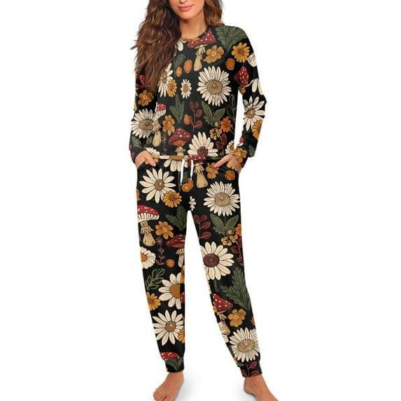 Yuyamidu Mushroom Ladies Sleepwear Set Daisy Long Sleeve Pajamas for Women Size 2XL Music Note Pajama Outfits Cozy Sleep Set of 2 Fall Winter Jogger Yoga Homewear