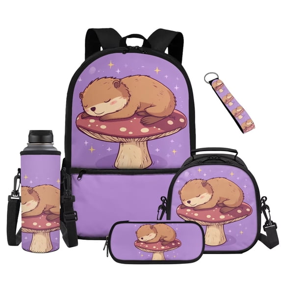 Yuyamidu Mushroom Otter Backpack with Lunch Box for Girls 6-8, Kawaii Kids School Bookbag with Pencil Case, Water Bottle Holder & Keychain, 5-Piece School Bag for 1st-3rd, Back to School Gifts