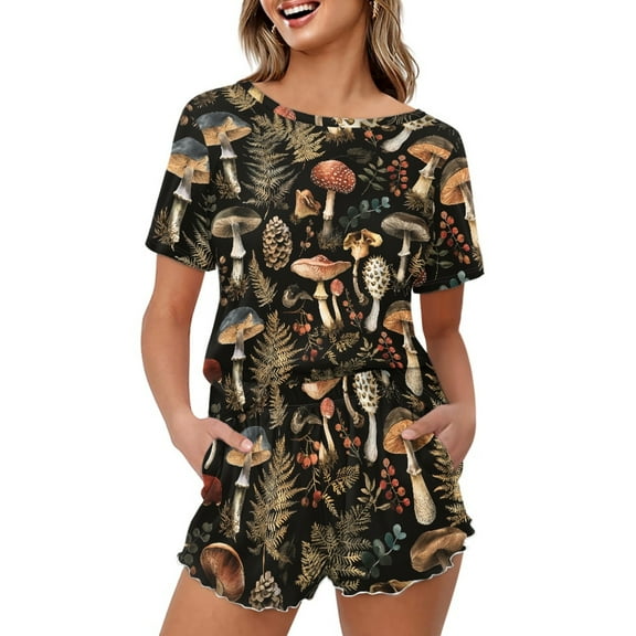 Yuyamidu Mushroom Pajama Shirt and Shorts Set Lightweight Short Sleeve Sleepwear 2-Piece Pjs Set for Women Size L Comfortable Scoop Neck Nightwear