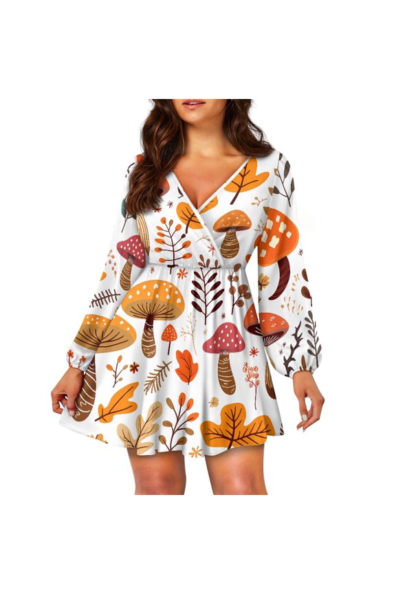 Mushroom Women Long Sleeve Dresses Casual V-Neck Dress for Women Size S Maple Leaves Flowy Swing Dresses Fall Winter A Line Dress, Thanksgiving