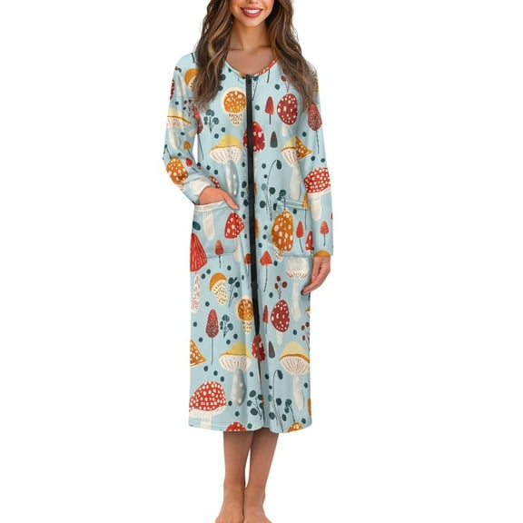 Yuyamidu Mushroom Womens Bath Robes with Zippers Blue Long Sleeve Robe for Women Plus Size 2XL Loose Nightgowns Housecoat Comfy Crew Neck Mid-Calf Length Bathrobe