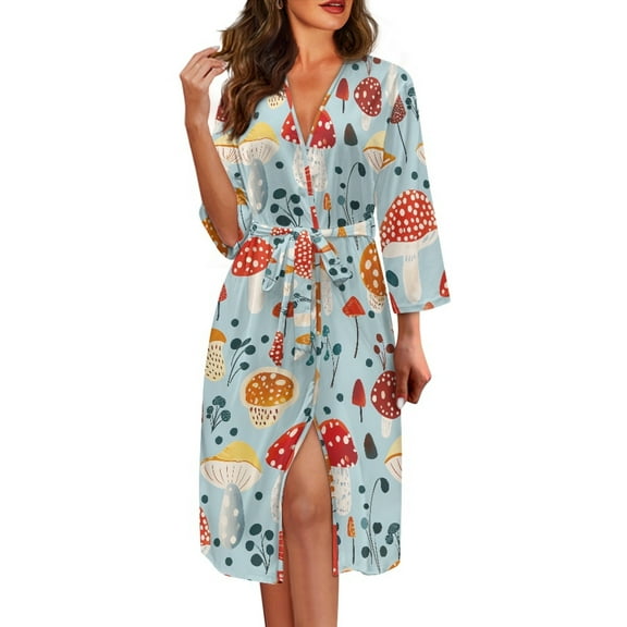 Yuyamidu Mushroom Womens Bathrobe Soft Kimono Robes Blue 3/4 Sleeves Bath Robe Lightweight Housecoat Nightgown Size L Loose Mid-Length Sleepdress for Spring Summer Fall