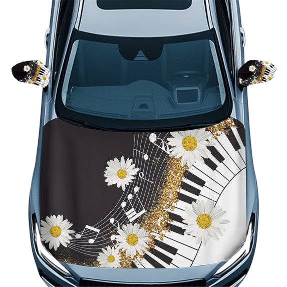 Yuyamidu Music Note Hood Covers for Cars Sedans Daisy Auto Side View Mirror Covers Elastic Car Front Hood Cover Protector with Side Mirror Covers Set of 3 Daily Automobile Decor