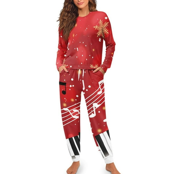 Yuyamidu Music Note Long Sleeve Pajama Set for Women 2 PCS Christmas Pajamas Snowflake Crewneck Nightwear Size L Loose Fitting Long Sleeve Sleepwear with Drawstring, Red