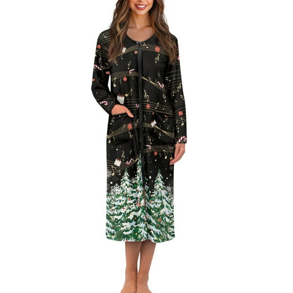 Yuyamidu Music Note Long Sleeve Robes for Women Xmas Tree Crewneck Loungewear Christmas Ladies Bathrobe Sleepwear Casual Mid-Length Night Robe Size M Soft Zipper Front Housecoat
