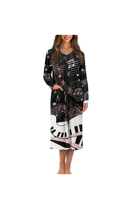 Music Note Womens Zipper Robes Long Bathrobes for Women Long Sleeve Robe Size 4XL Piano Nightgown with Front Zipper Novelty Crewneck House Coat Dress