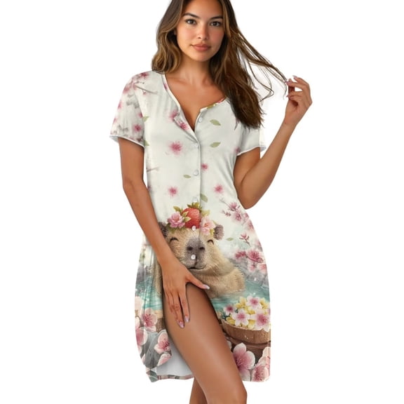 Yuyamidu Night Gowns for Adult Women Comfy Soft Nightshirts Button Knee-Length Sleepshirt Crew Neck Nightgowns Cartoon Housecoat, Capybara Flower