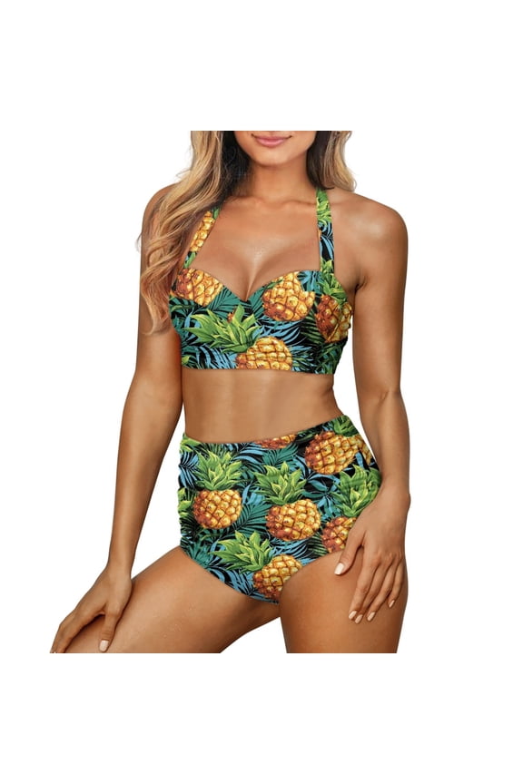 Novelty Pineapple Swimsuit for Women Sexy Halter Ruched Bikini Set 2 Pieces Summer Style Push Up Bathing Suits Quick-Dry Padded Tankini, Size 2XL