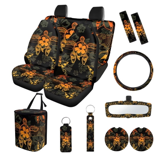 Yuyamidu Orange Sea Turtle Car Seat Covers Set 13 Pcs Steering Wheel Cover Boho Hibiscus Seat Belt Cover Trash Can Rear View Mirror Cover Coasters Chapstick Holder Keychains Fit for Most Vehicles