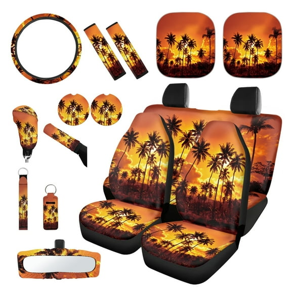 Yuyamidu Orange Sunset Car Seat Cover 16 PCS Auto Front Back Seat Cover Coconut Tree Steering Wheel Cover Handbrake Sets Seat Belt Pads Car Sun Shade Rearview Mirror Cover Cup Holder Keychains
