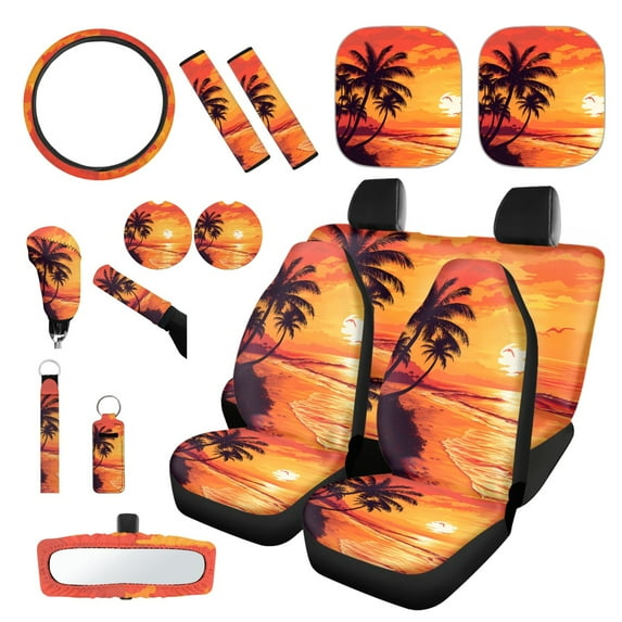 Yuyamidu Orange Sunset Car Seat Cover for SUV Truck Steering Wheel Cover Seaside Car Shade Seat Belt Strap Pad Handbrake Gear Shift Knob Cover Rearview Mirror Accessory Cup Holder Key Chain 16 Pack