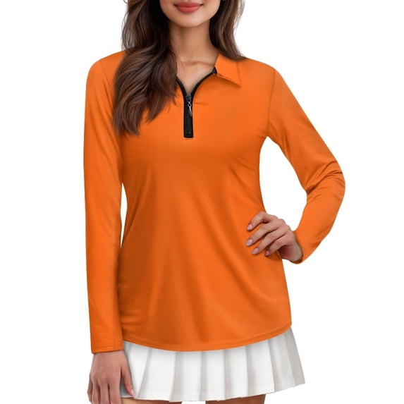 Yuyamidu Orange Womens Golf Shirt Zip Up Collared Shirts Breathable Long Sleeve Tennis Athletic Top for Women Golf Activewear Clothes Size S
