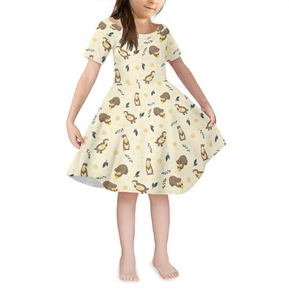 Yuyamidu Otter A Line Dresses for Girls 13-14 Years Lemon Short Sleeve Crew Neck Twirl Swing Dresses Kids One-Shoulder Pleated Playwear Comfy Daily Wear Sundress, Yellow