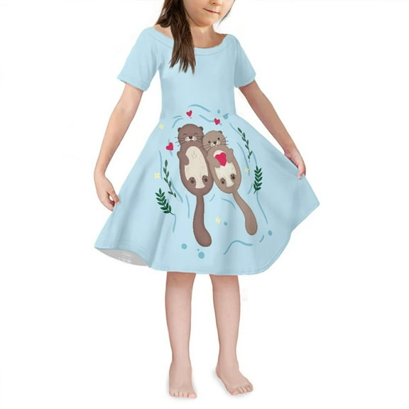 Yuyamidu Otter A-Line Swing Dresses for Kids Girls 5-6 Years Loose A-Line Dresses Cute Short Sleeve Knee Length Dress Soft One-Shoulder Princess Sundress, Blue