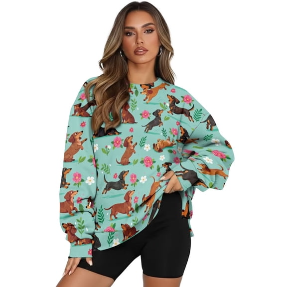 Yuyamidu Oversized Graphic Sweatshirt for Women Floral Dachshund Women's Novelty Sweatshirts with Pocket Long Sleeve Pullover Crewneck Loose Fit Shirt Home Office Party Clothing M