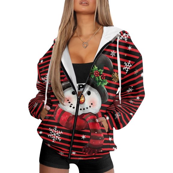 Yuyamidu Oversized Hoodie Snowman Sweatshirts for Women Red Striped Sweatshirt Women's Casual Full-Zip Hoodie Lightweight Long Sleeve Sweatshirt Casual Jacket with Pocket M