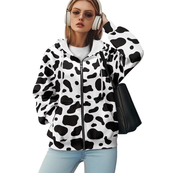 Yuyamidu Oversized Sweatshirt Cow Print Hoodies for Women Fashion Zip Up Hoodies Soft Plus Size Sweatshirt Fall Coats for Women 2025 Warm Jacket Womens Zip Up Jackets S