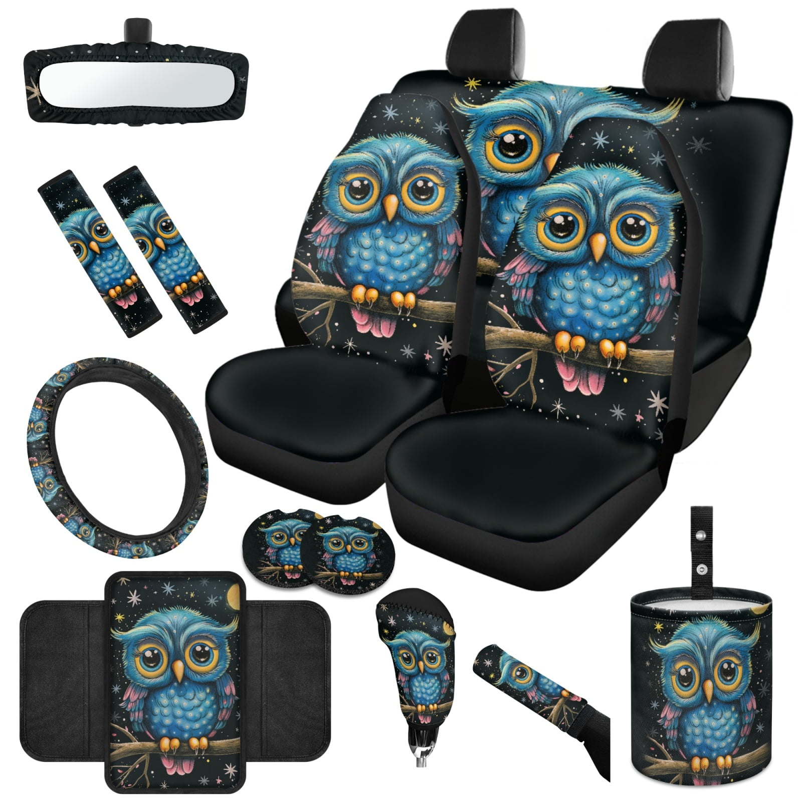 Yuyamidu Owl Car Seat Cover Full Set of 14 Cute Steering Wheel Cover Seatbelt Pads Armrest Cushion Trash Can Rearview Mirror Cover Handbrake Cover Set Coasters Auto Interior Accessories