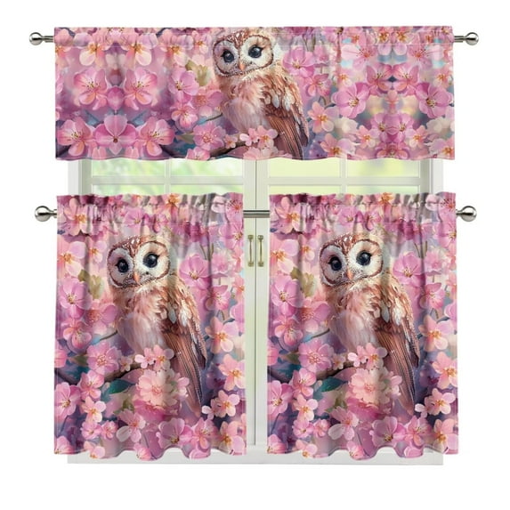 Yuyamidu Owl Print Kitchen Window Curtains Valance and Tier 3 Panel Set Thicken Short Tier Curtains with Rod Pocket Washable Contemporary Trendy Valances