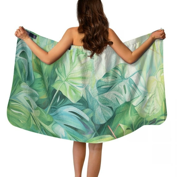 Yuyamidu Palm Leaves Bath Wrap Towels for Women Green Body Wrap for Bathroom Knee Length Wrap Around Shower Towel with Pocket Spa Towel Wrap for Ladies Sise XL