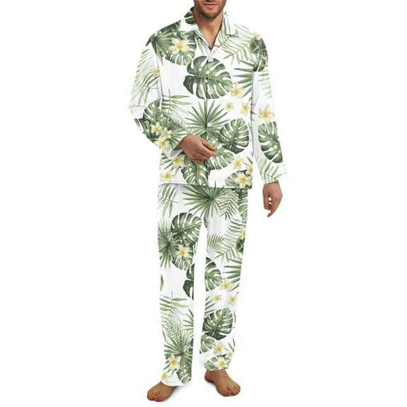 Yuyamidu Palm Leaves Button Pajama for Men Long Sleeve Nightwear Frangipani Notch Collar Lounge Shirt and Pants Set of 2 Winter Fall Sleepwear Sets Daily Wear Clothes Size L