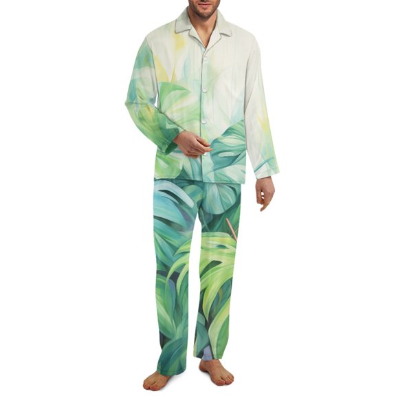 Yuyamidu Palm Leaves Long-Sleeve Button Down Pajama Set for Men Size S Home Lounge Wear Soft Pjs Top and Pants with Pockets Casual Notch Collar Sleep Sets of 2