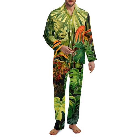 Yuyamidu Palm Leaves Winter Button Down Pajama Set for Men Soft Clothing Pajamas Set of 2 Tropical Style Home Lounge Wear Size 2XL Comfy Sleepwear with Pockets, Green